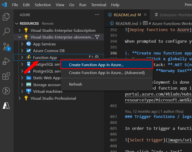 Create Azure function app in Azure